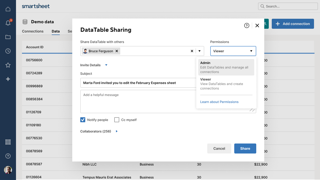 DataTable Sharing & Permission Levels Smartsheet